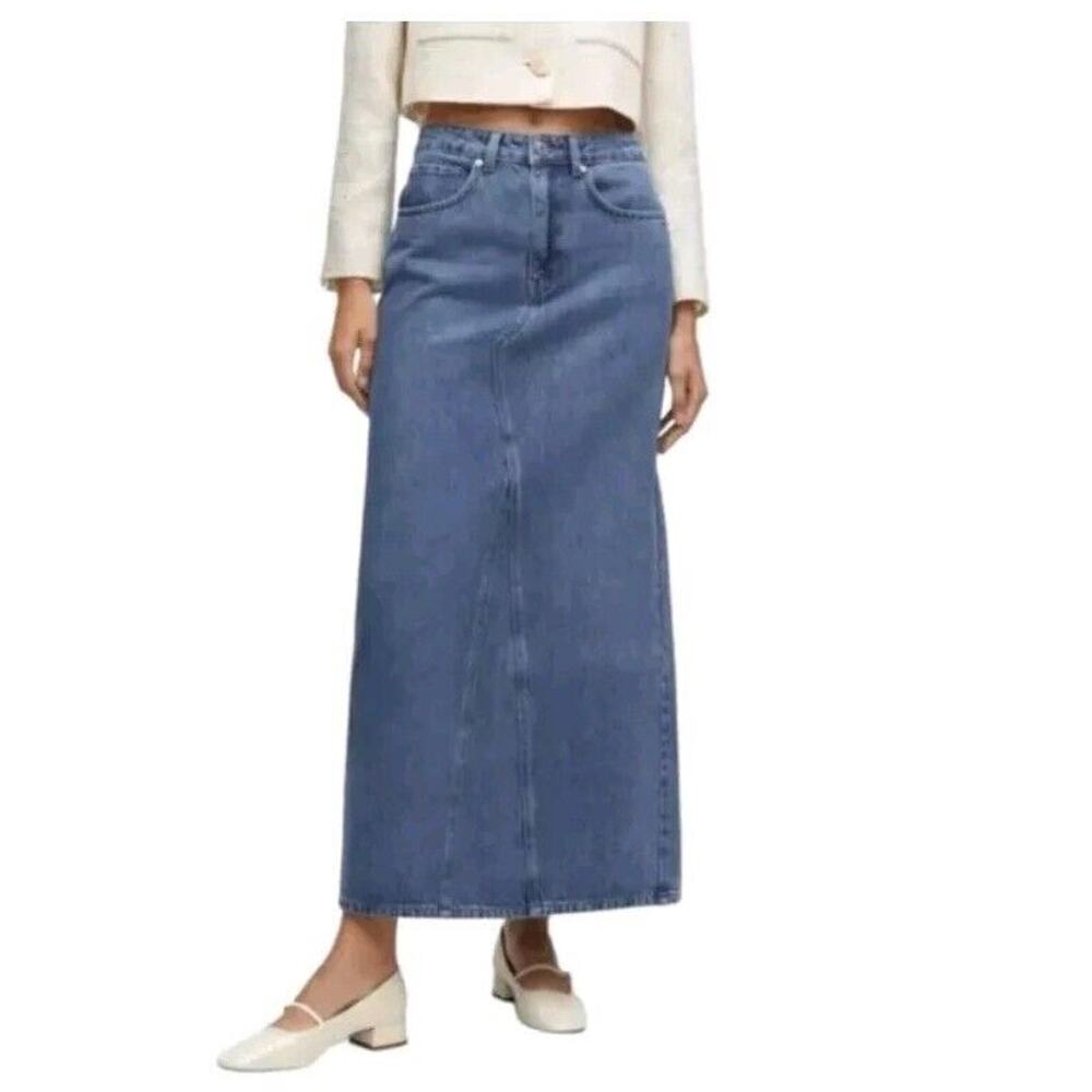 MANGO Diana Mid Waist Long Denim Skirt Maxi Sz M medium wash 16x40 A21C